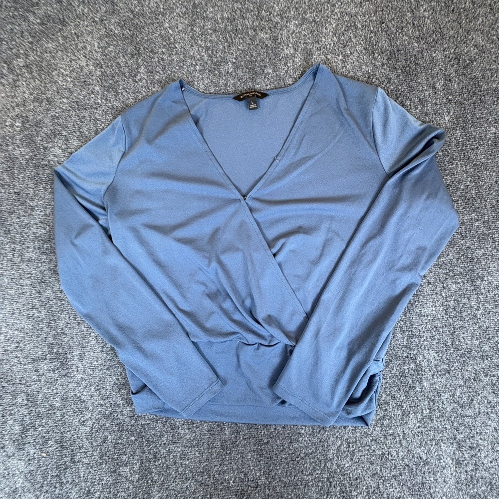 Banana Republic Wrap Top Women Large Navy Blue Stretch V-Neck Long Sleeve Casual